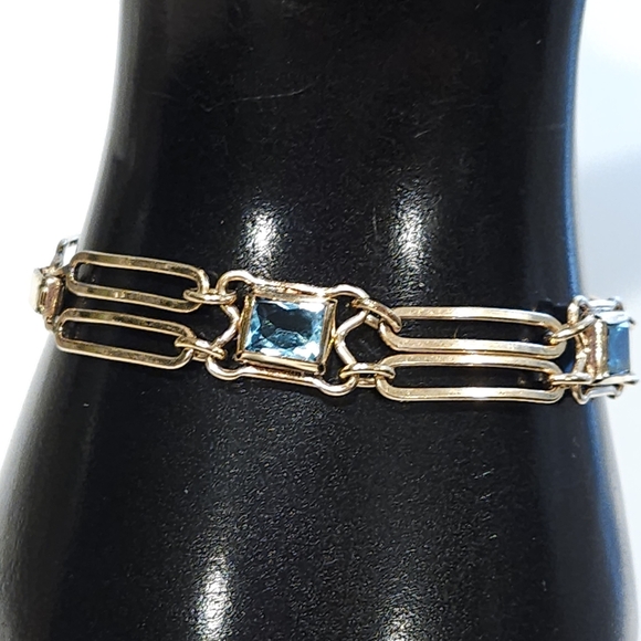 Sturdy 12K Gold Filled Blue Glass Faux Topaz Art Deco Vintage Bracelet 40s 50s - Picture 5 of 16